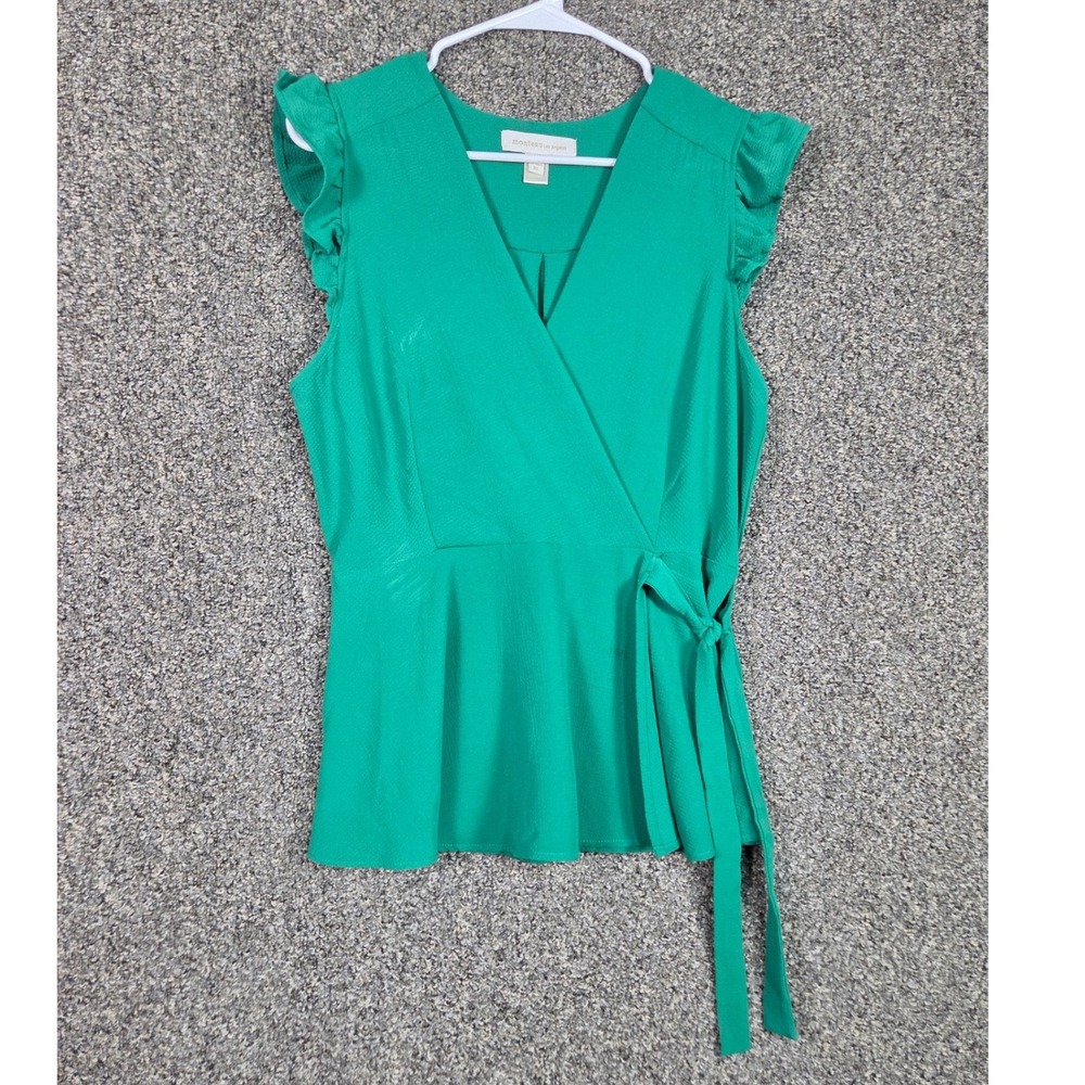 Monteau Blouse Womens XL Green Ruffle Sleeve Faux Wrap Peplum Top 28591